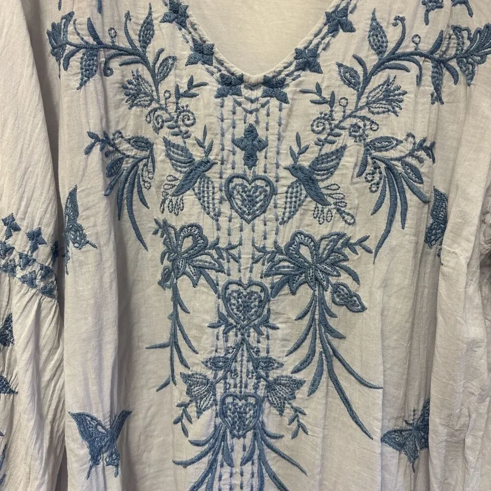 Johnny Was Workshop Lulu Top 3X Puff Sleeve Floral Embroidered Peasant Butterfly